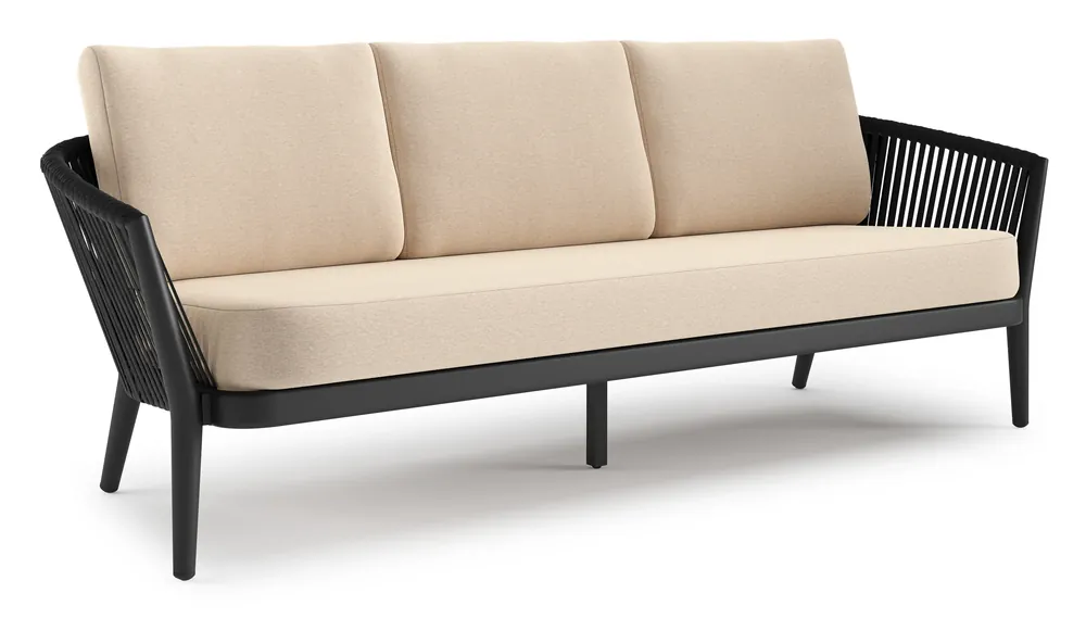 Actieprijs Orso loungebank in zwart aluminium en zwart verticaal geweven luxe vlakke rope met Heritage Papyrus all weather sunbrella® luxe kussen