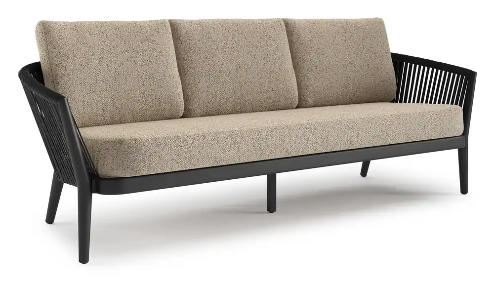 Orso loungebank in zwart aluminium en zwart verticaal geweven luxe vlakke rope met Bora Jungle all weather cosytica kussen Beperkt Aanbod
