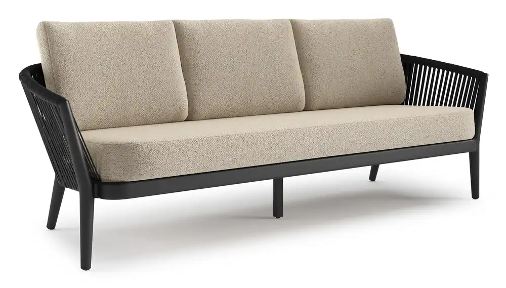 Actieprijs Orso loungebank in zwart aluminium en zwart verticaal geweven luxe vlakke rope met Bora Desert all weather cosytica kussen