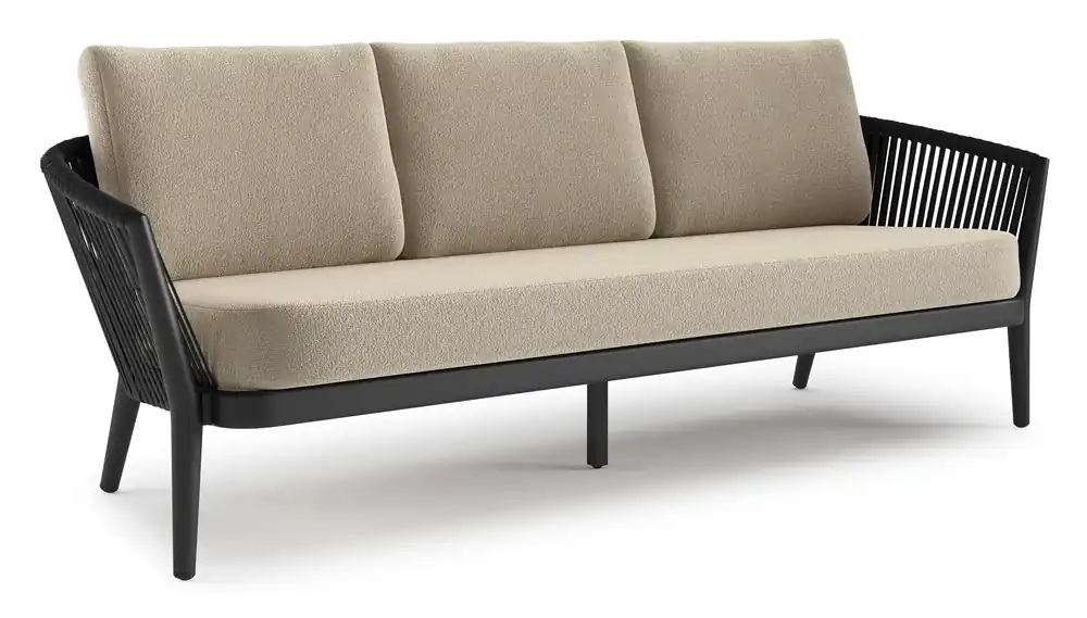 Beperkt Aanbod Orso loungebank in zwart aluminium en zwart verticaal geweven luxe vlakke rope met Marbella Sand all weather cosytica kussen
