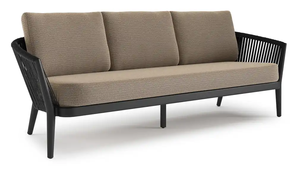 Voordeelprijs Orso loungebank in zwart aluminium en zwart verticaal geweven luxe vlakke rope met Firenze Earth all weather solica kussen