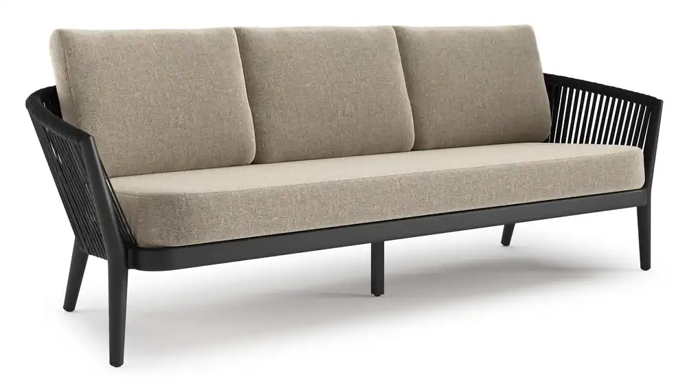 Orso loungebank in zwart aluminium en zwart verticaal geweven luxe vlakke rope met Chartres Pewter all weather sunbrella® luxe kussen Superprijs
