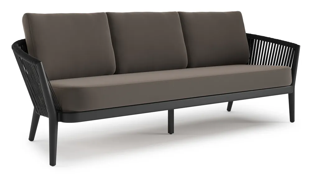Orso loungebank in zwart aluminium en zwart verticaal geweven luxe vlakke rope met Natte Nature Grey all weather sunbrella® luxe kussen Direct Verzonden