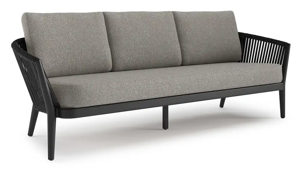 Orso loungebank in zwart aluminium en zwart verticaal geweven luxe vlakke rope met Tundra Charcoal all weather sunbrella® luxe kussen Uitverkoop