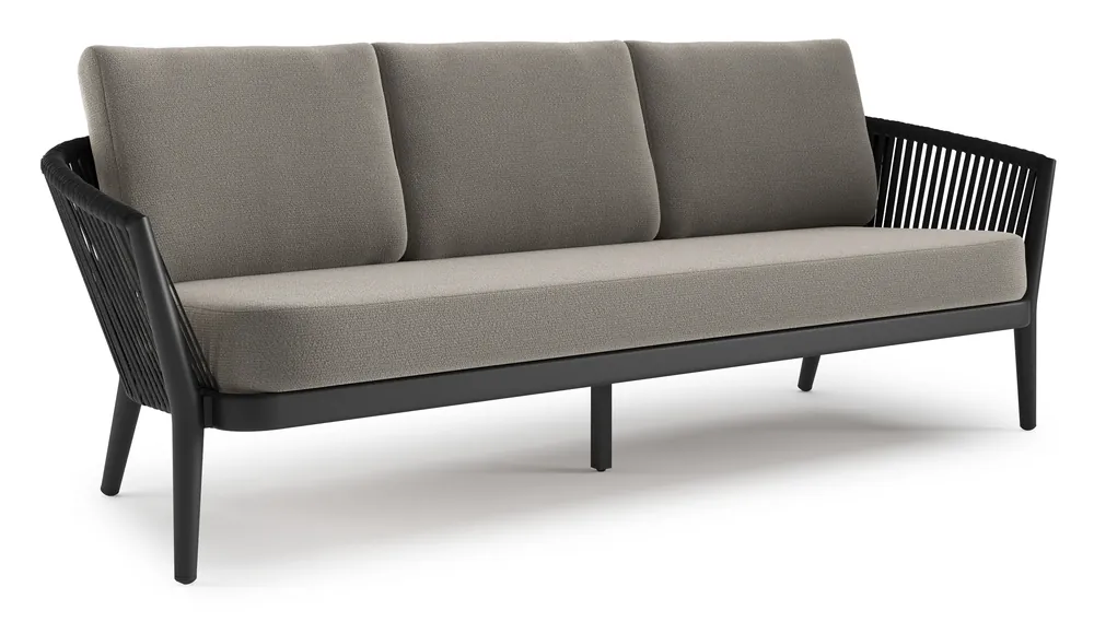 Favoriet Orso loungebank in zwart aluminium en zwart verticaal geweven luxe vlakke rope met Lopi Silver all weather sunbrella® luxe kussen