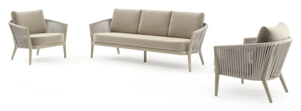 Orso loungeset in beige aluminium en beige verticaal geweven luxe vlakke rope met Marbella Sand all weather cosytica kussen Voordeelprijs