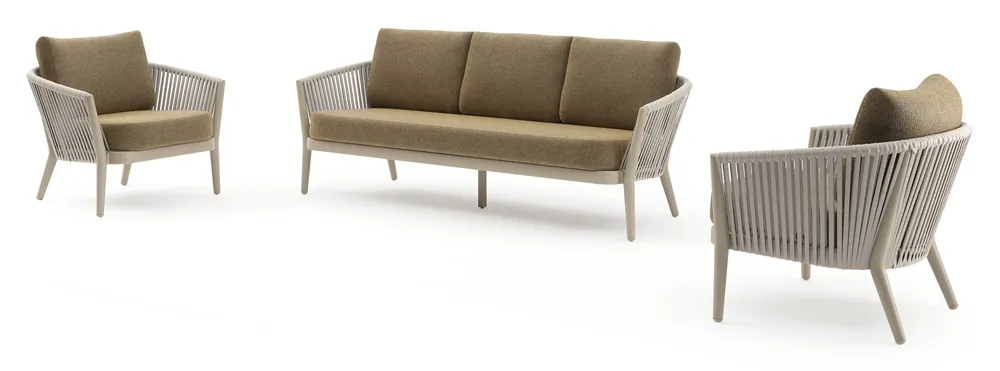 Op = Op Orso loungeset in beige aluminium en beige verticaal geweven luxe vlakke rope met Madagascar Walnut all weather cosytica kussen