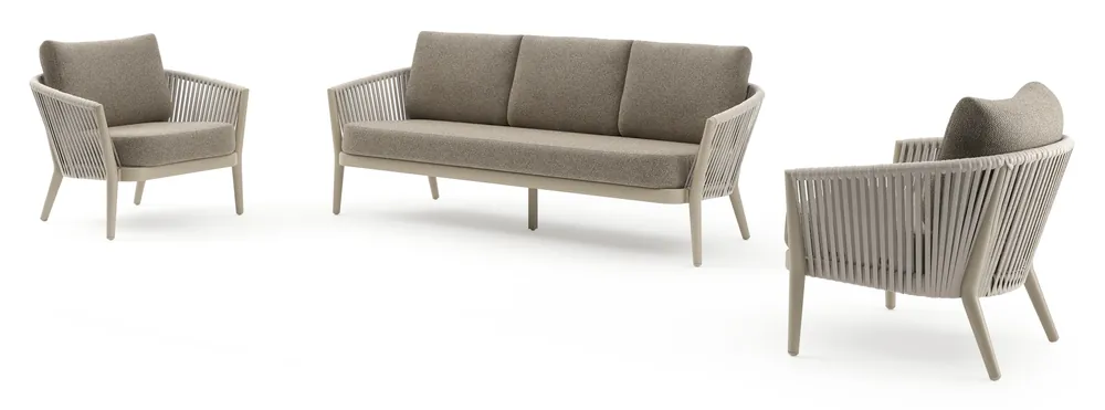 Lage Prijs Orso loungeset in beige aluminium en beige verticaal geweven luxe vlakke rope met Madagascar Burch all weather cosytica kussen