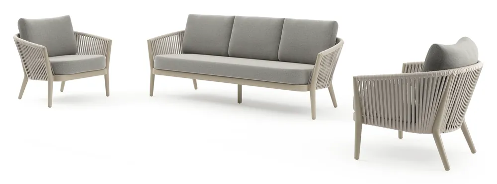 Tijdelijk Beschikbaar Orso loungeset in beige aluminium en beige verticaal geweven luxe vlakke rope met Savane Tunder all weather sunbrella® luxe kussen