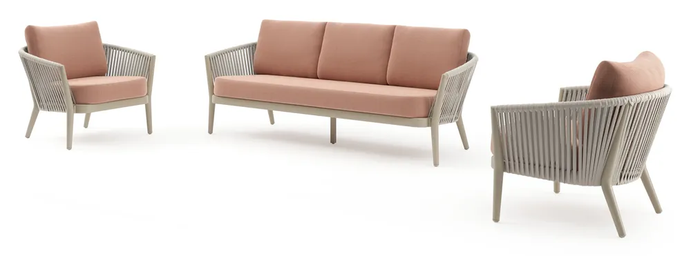 Snelle Levering Orso loungeset in beige aluminium en beige verticaal geweven luxe vlakke rope met Lopi Fawn all weather sunbrella® luxe kussen