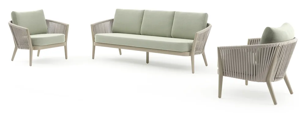Koopje Orso loungeset in beige aluminium en beige verticaal geweven luxe vlakke rope met Slow Spirea all weather sunbrella® luxe kussen