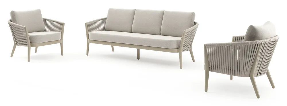 Orso loungeset in beige aluminium en beige verticaal geweven luxe vlakke rope met Firenze Natural all weather solica kussen Beperkte Voorraad