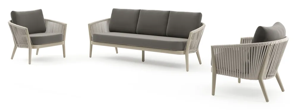Beste Prijs Orso loungeset in beige aluminium en beige verticaal geweven luxe vlakke rope met Natte Dark Taupe all weather sunbrella® luxe kussen