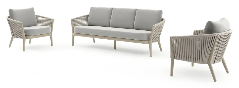 Weekendaanbieding Orso loungeset in beige aluminium en beige verticaal geweven luxe vlakke rope met Savane Nimbus all weather sunbrella® luxe kussen