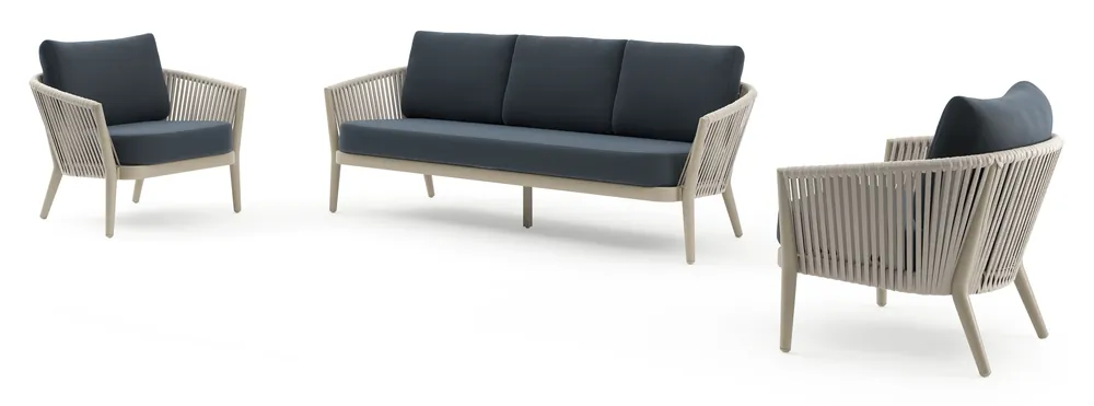 Orso loungeset in beige aluminium en beige verticaal geweven luxe vlakke rope met Heritage Indigo all weather sunbrella® luxe kussen Nieuw