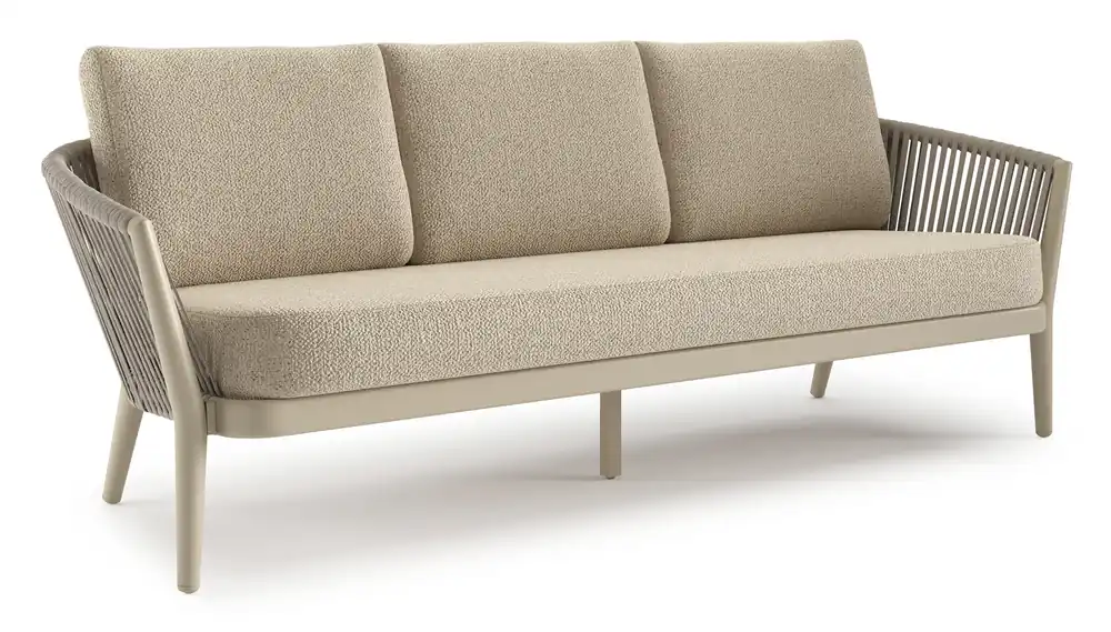 Orso loungebank in beige aluminium en beige verticaal geweven luxe vlakke rope met Bora Forest all weather cosytica kussen Koop Online