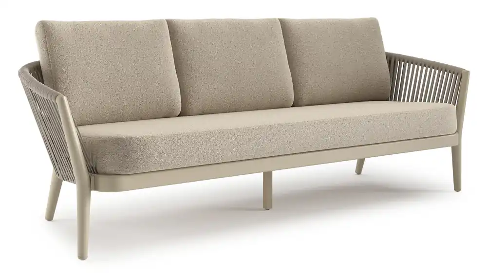 Rechtstreeks Van De Fabrikant Orso loungebank in beige aluminium en beige verticaal geweven luxe vlakke rope met Marbella Beige all weather cosytica kussen