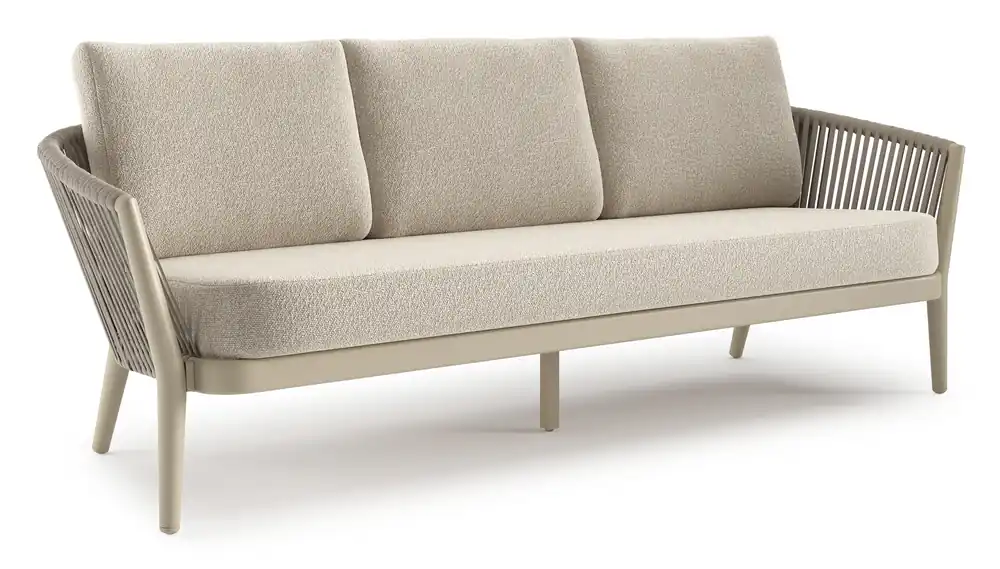 Direct Verzonden Orso loungebank in beige aluminium en beige verticaal geweven luxe vlakke rope met Marbella Ecru all weather cosytica kussen