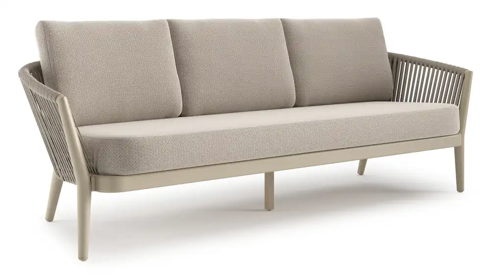 Koopje Orso loungebank in beige aluminium en beige verticaal geweven luxe vlakke rope met Lopi Fossil all weather sunbrella® luxe kussen