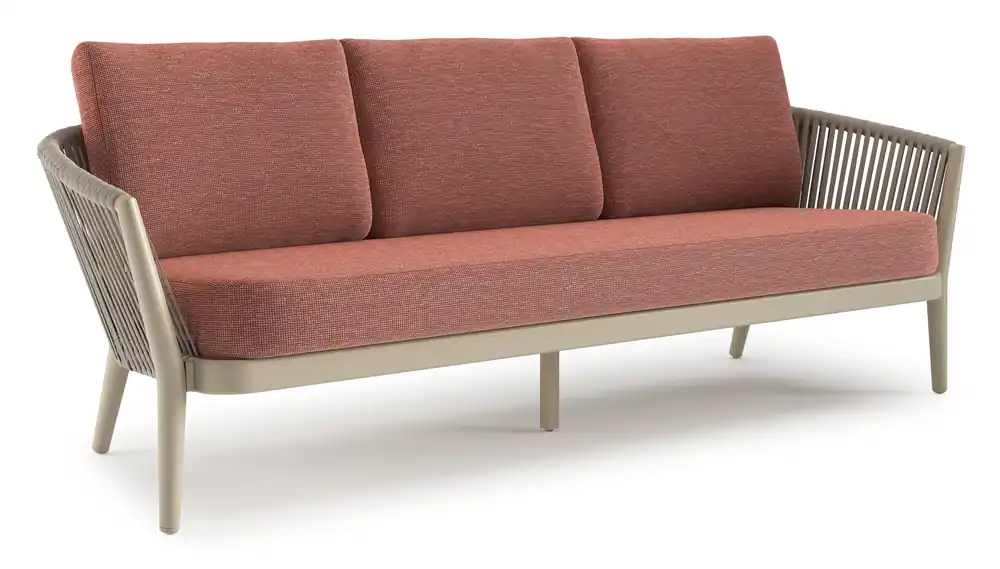 Orso loungebank in beige aluminium en beige verticaal geweven luxe vlakke rope met Slow Alezan all weather sunbrella® luxe kussen Veilige Betaling