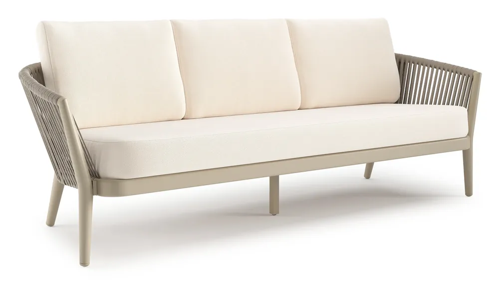 Favoriet Orso loungebank in beige aluminium en beige verticaal geweven luxe vlakke rope met Lopi Snow all weather sunbrella® luxe kussen