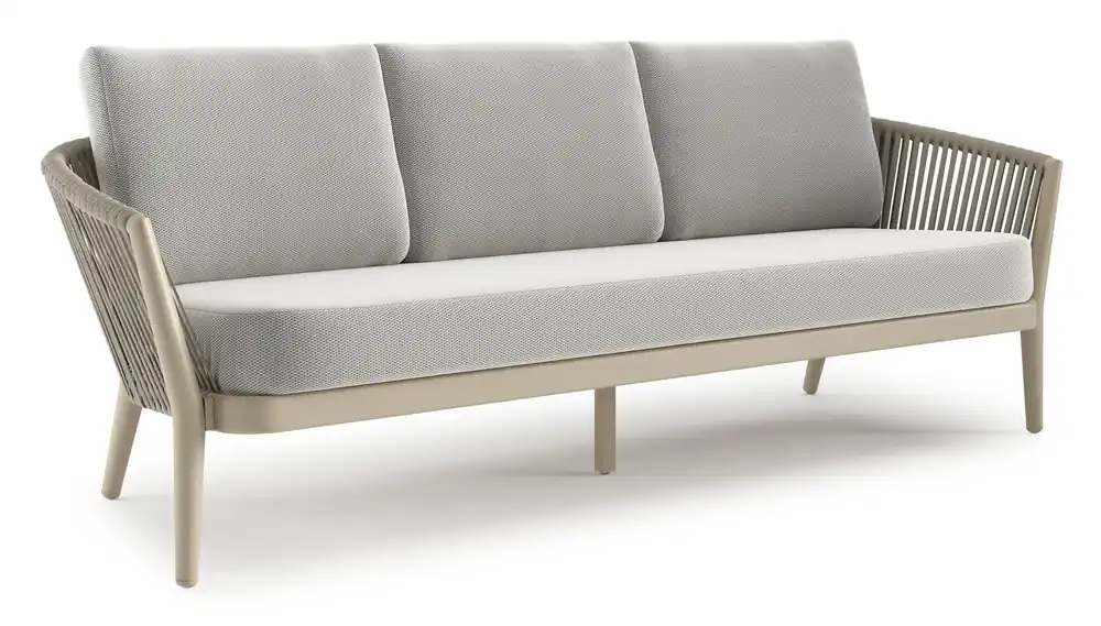 Orso loungebank in beige aluminium en beige verticaal geweven luxe vlakke rope met Lopi Ash all weather sunbrella® luxe kussen Flitsaanbieding