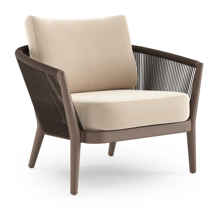 Orso loungestoel in taupe aluminiumen zwart verticaal geweven ronde rope met Natte Linen Chalk all weather sunbrella® luxe kussen Veilige Betaling