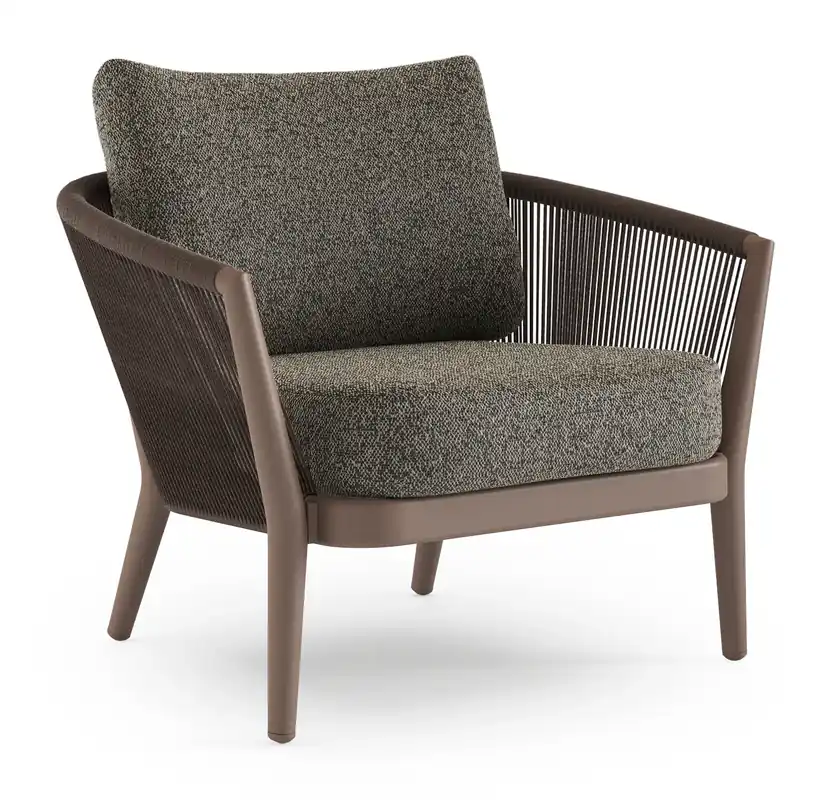 Orso loungestoel in taupe aluminiumen zwart verticaal geweven ronde rope met Marbella Tunder all weather cosytica kussen Exclusieve Aanbieding