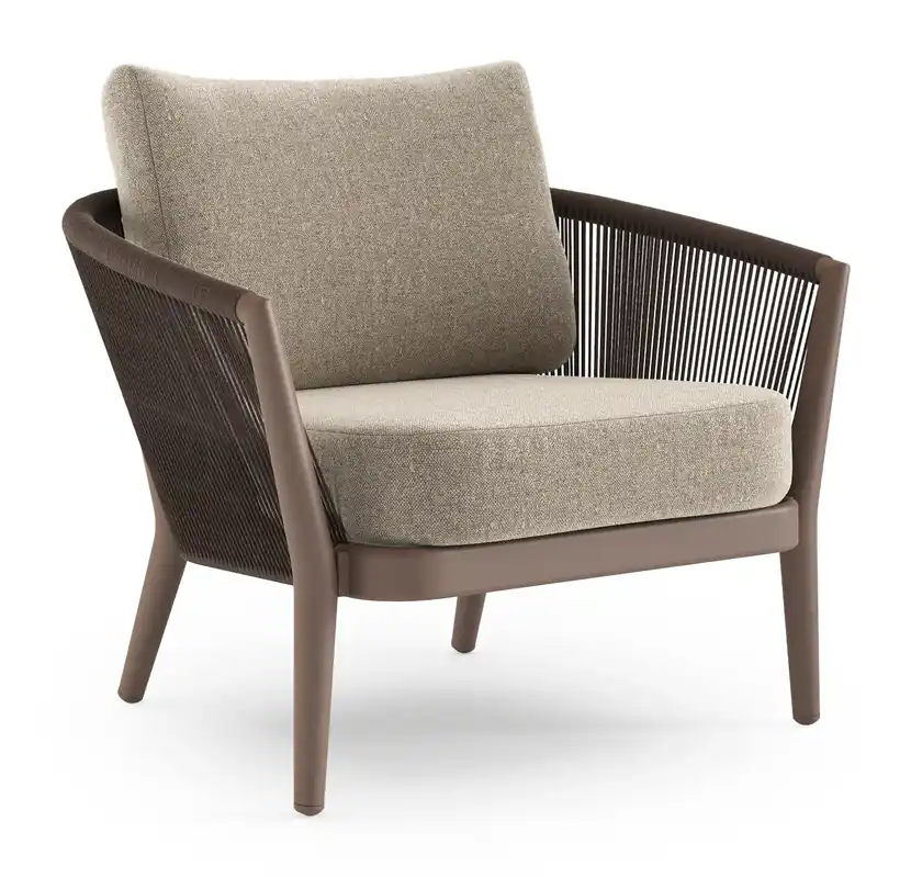 Orso loungestoel in taupe aluminiumen zwart verticaal geweven ronde rope met Chartres Pewter all weather sunbrella® luxe kussen Gecertificeerd