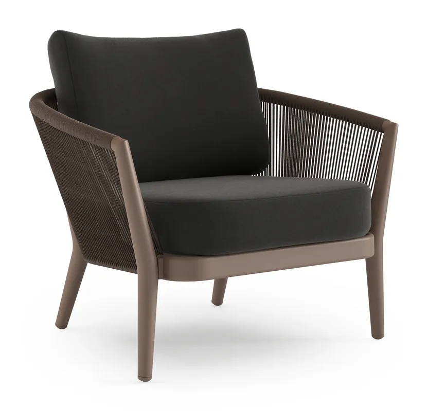Orso loungestoel in taupe aluminiumen zwart verticaal geweven ronde rope met Natte Sooty all weather sunbrella® luxe kussen Superprijs