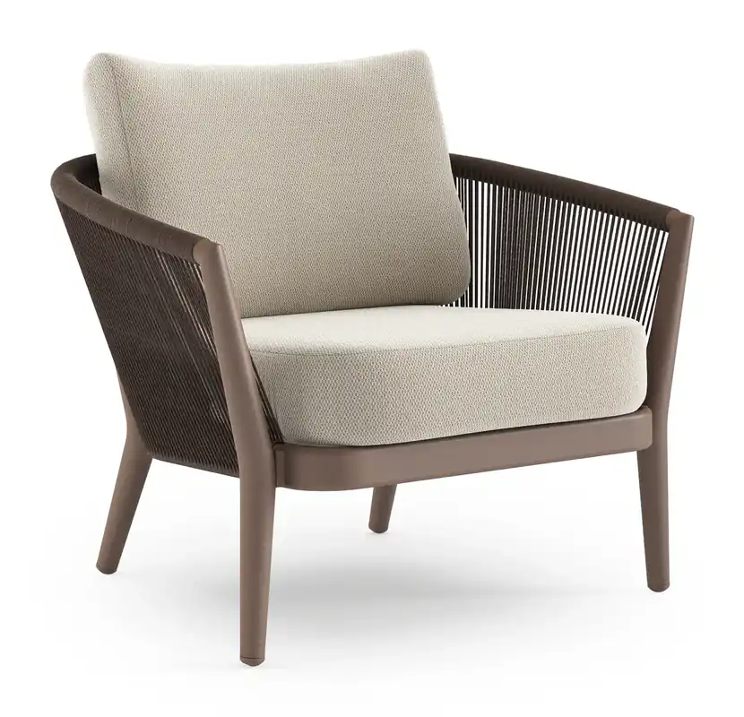 Tijdelijk Beschikbaar Orso loungestoel in taupe aluminiumen zwart verticaal geweven ronde rope met Lopi Marble all weather sunbrella® luxe kussen