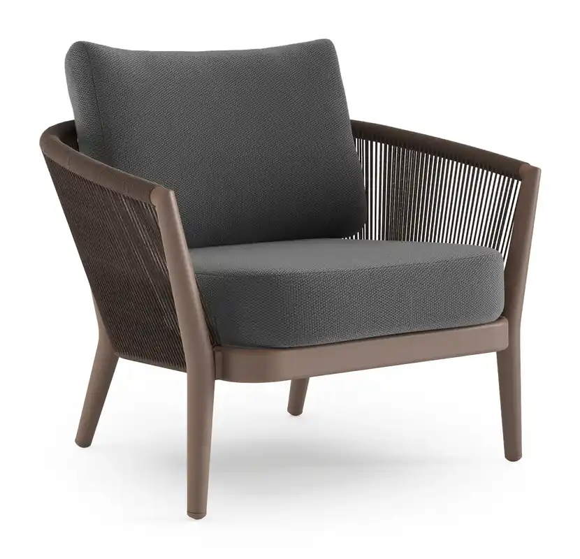 Orso loungestoel in taupe aluminiumen zwart verticaal geweven ronde rope met Lopi Shadow all weather sunbrella® luxe kussen Op = Op