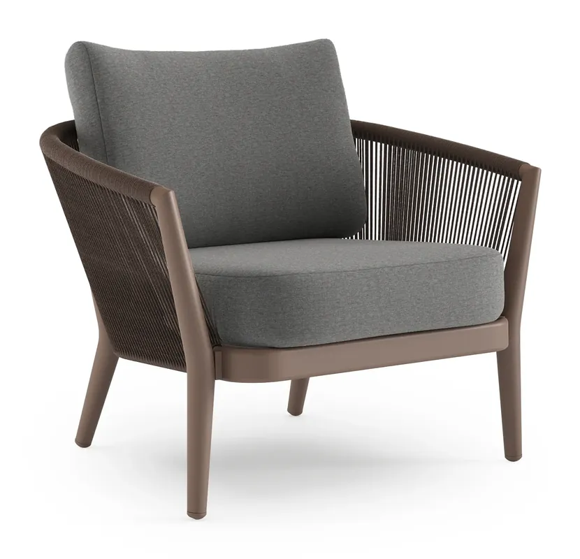 Fabrieksprijs Orso loungestoel in taupe aluminiumen zwart verticaal geweven ronde rope met Heritage Slate all weather sunbrella® luxe kussen