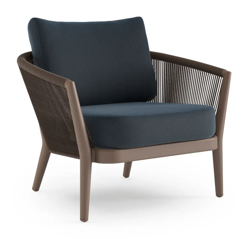 Koop Online Orso loungestoel in taupe aluminiumen zwart verticaal geweven ronde rope met Heritage Indigo all weather sunbrella® luxe kussen