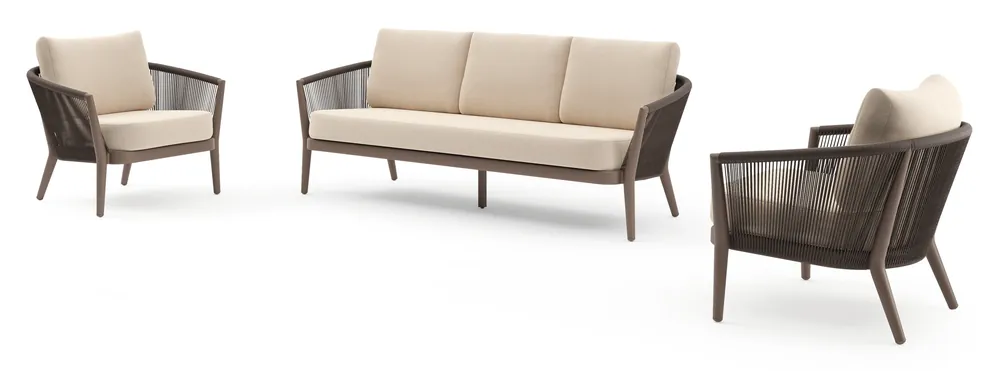 Gratis Retour Orso loungeset in taupe aluminiumen zwart verticaal geweven ronde rope met Heritage Papyrus all weather sunbrella® luxe kussen