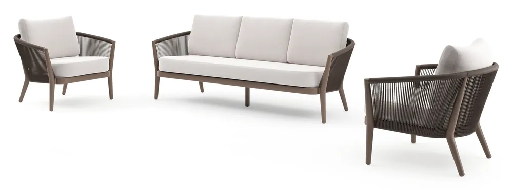Orso loungeset in taupe aluminiumen zwart verticaal geweven ronde rope met Ego Eggshell all weather solica kussen Fabrieksprijs