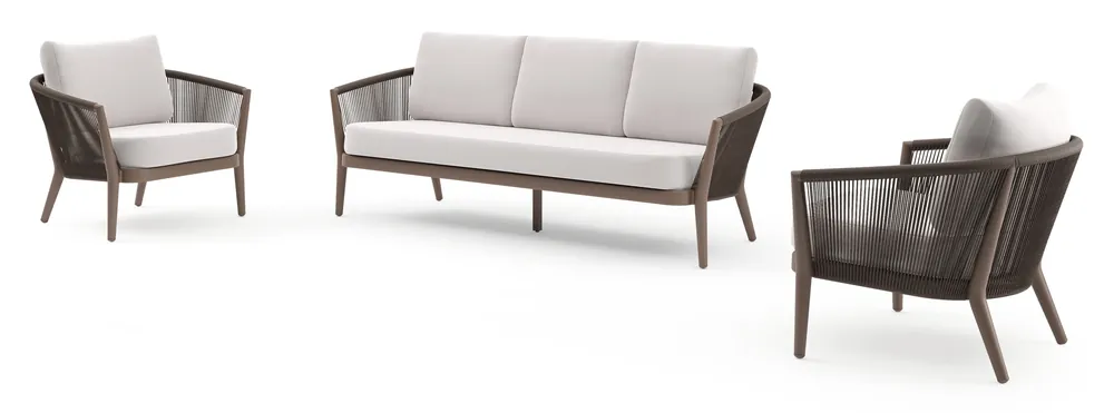 Koopje Orso loungeset in taupe aluminiumen zwart verticaal geweven ronde rope met Savane Whisper all weather sunbrella® luxe kussen