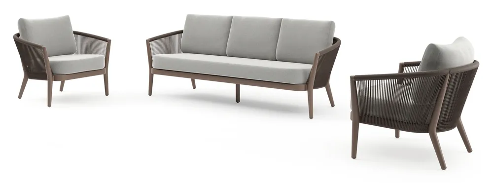 Orso loungeset in taupe aluminiumen zwart verticaal geweven ronde rope met Savane Nimbus all weather sunbrella® luxe kussen Actieprijs