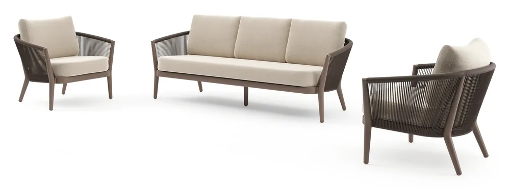 Gecertificeerd Orso loungeset in taupe aluminiumen zwart verticaal geweven ronde rope met Lopi Sand all weather sunbrella® luxe kussen