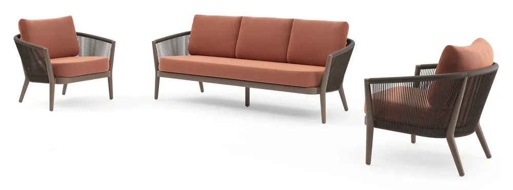 Orso loungeset in taupe aluminiumen zwart verticaal geweven ronde rope met Heritage Rust all weather sunbrella® luxe kussen Tijdelijk Beschikbaar