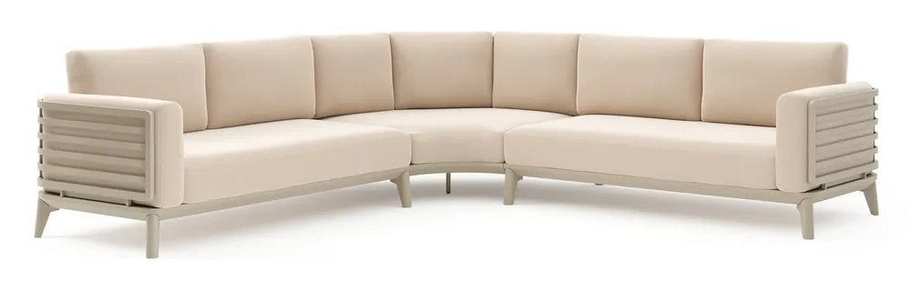 Favoriet Mosa loungehoek in beige aluminium met natte linen chalk all weather sunbrella premium kussen