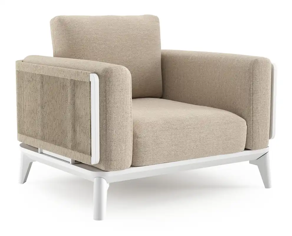 Rechtstreeks Van De Fabrikant Mosa loungestoel in wit aluminium en beige gedraaide ronde wicker met rustic weather+ softtouch kussen