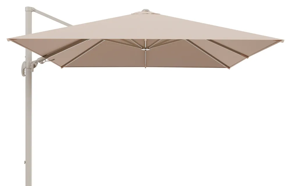 Avola zweefparasol met tiltfunctie in beige aluminium en All Weather Sunbrella Premium Natte Linen Chalk parasoldoek - L1 300 x L2 300 cm (zonder voet) Must-Have