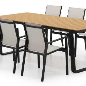 Veilige Betaling Alora tuinset in zwart aluminium en polywood met 6 stapelbare Bahia tuinstoelen