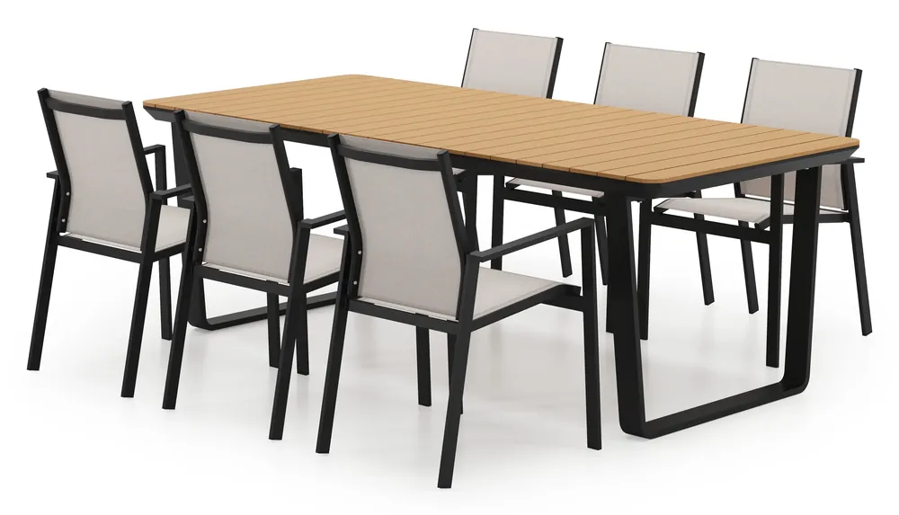 Veilige Betaling Alora tuinset in zwart aluminium en polywood met 6 stapelbare Bahia tuinstoelen