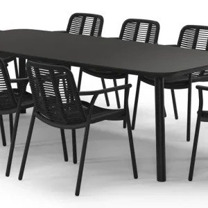 Weekendaanbieding Mosa tuinset in zwart aluminium en notte minerale sintered stone met 8 stapelbare Berga tuinstoelen