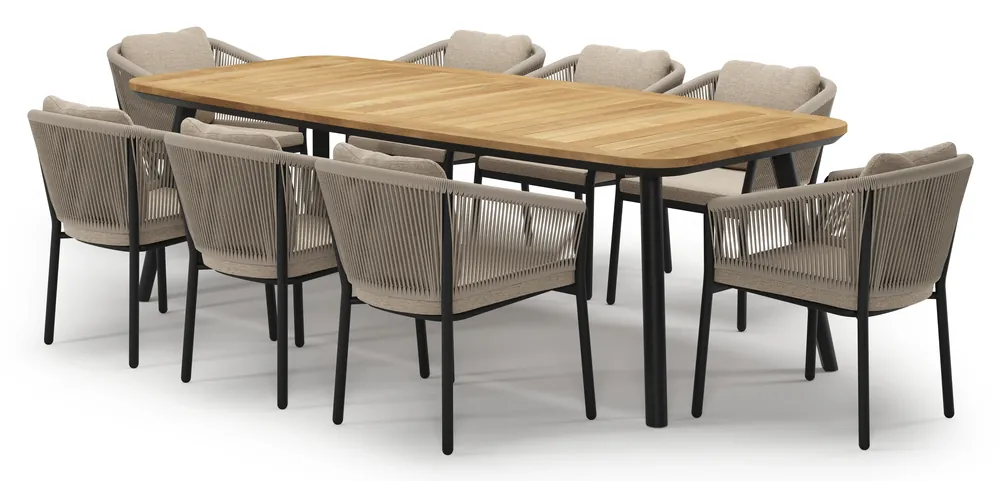 Weekendaanbieding Mosa tuinset in zwart aluminium en teak met 8 Gerona tuinstoelen