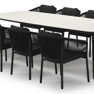 Weekendaanbieding Mosa tuinset in zwart aluminium en crema minerale sintered stone met 8 Gerona tuinstoelen