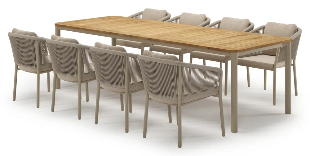 Weekendaanbieding Mira tuinset in beige aluminium en teak met 8 Gerona tuinstoelen
