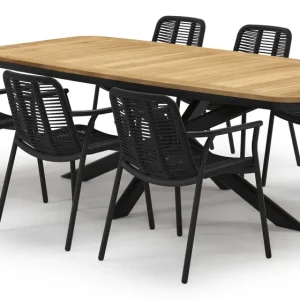 Aanbieding Pamplona tuinset in zwart aluminium en teak met 6 stapelbare Berga tuinstoelen